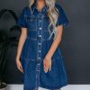 41qiSuz6fJL.jpg Women's Button Down Denim Babydoll Dress Lapel Collar Short Sleeve Flowy Tiered Ruffle Jeans Midi Dress
