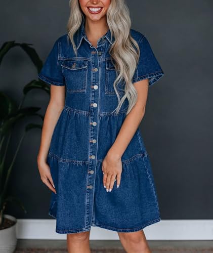 41qiSuz6fJL.jpg Women's Button Down Denim Babydoll Dress Lapel Collar Short Sleeve Flowy Tiered Ruffle Jeans Midi Dress
