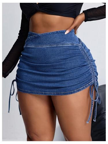41qnn-PRPPL.jpg Women's Plus Size Cross Wrap Waist Denim Skirt Drawstring Side Mini Skirt