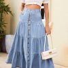 Women Western Elastic High Waisted A Line Long Denim Skirt Button Ruffle Tiered Jean Maxi Skirt Patchwork Pocket Y2k