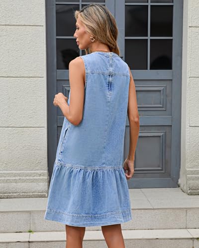 41rFKBKSNSL.jpg Women's Denim Mini Dress Sleeveless Drop Waist Ruffle Hem Summer Cute Tank Short Dress