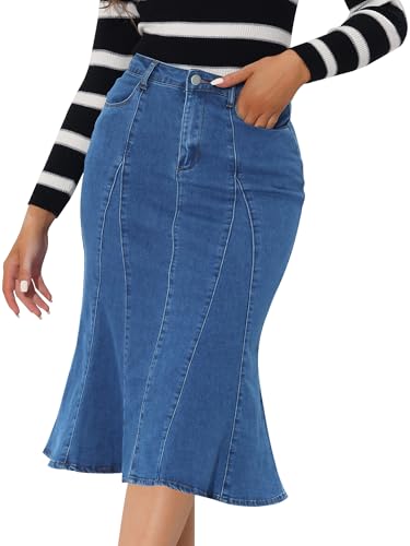 41ruGgLbp2L.jpg Women's Ruffle Denim Skirt Midi Bodycon High Waist Fishtail Jean Skirts