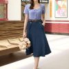 41s1TYiLGkL.jpg Women's Denim Skirts Vintage Elastic High Waist A-Line Long Maxi Jean Skirts with Pockets