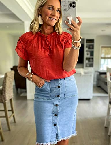 Women's Casual Mid Rise Button Down Frayed Raw Hem Denim Jean Midi Skirt