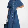 41s53kBMMnL.jpg Women's Summer Denim Shirt Dress Lapel V Neck Short Sleeve Midi Jean Dress Button Down Long Dresses