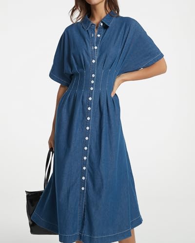 41s53kBMMnL.jpg Women's Summer Denim Shirt Dress Lapel V Neck Short Sleeve Midi Jean Dress Button Down Long Dresses