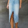 41shVEnN4PL.jpg Straight High Rise Vintage Zipped up Wash Split Thigh Midi Denim Skirt Without Belt