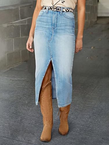 41shVEnN4PL.jpg Straight High Rise Vintage Zipped up Wash Split Thigh Midi Denim Skirt Without Belt