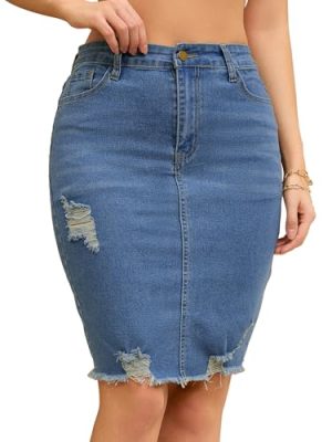 Women's Denim Skirt Stretch Denim High Waisted Raw Hem Above The Knee Pencil Skirt Jean Skirts
