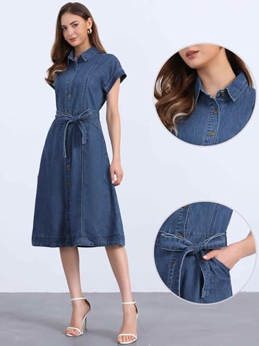 41srxeZcCGL.jpg Denim Shirt Dress for Women's Casual Button Down Short Sleeves Belted Jean Midi Dress 2025 Trendy Outfits