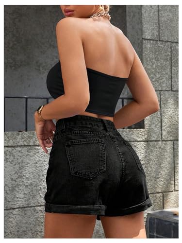 Women's Casual Roll Up Hem Jean Shorts Straight Leg High Waist Zipper Denim Shorts