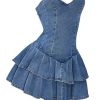 41tFvpzneZL.jpg Women's Layered Ruffle Strapless Mini Denim Dress Sleeveless A Line Tube Dresses