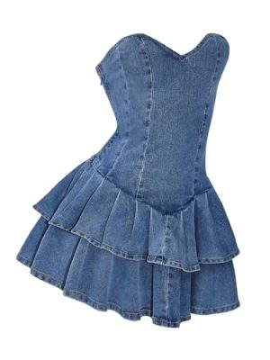 41tFvpzneZL.jpg Women's Layered Ruffle Strapless Mini Denim Dress Sleeveless A Line Tube Dresses