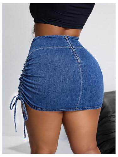 41tNuT4Tl0L.jpg Women's Plus Size Cross Wrap Waist Denim Skirt Drawstring Side Mini Skirt