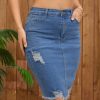 41tepdFDL.jpg Women's Denim Skirt Stretch Denim High Waisted Raw Hem Above The Knee Pencil Skirt Jean Skirts