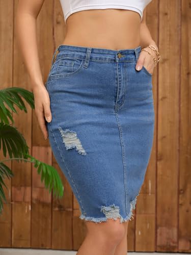 41tepdFDL.jpg Women's Denim Skirt Stretch Denim High Waisted Raw Hem Above The Knee Pencil Skirt Jean Skirts