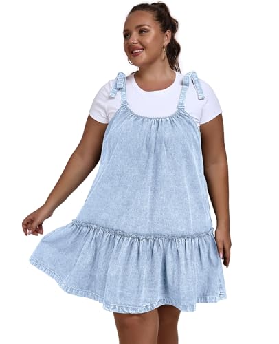 41tfxZ0c0hL.jpg Women Denim Cami Dress Tie Shoulder Ruffle Hem Short Dresses Babydoll Wash Jean Sundress with Pocket