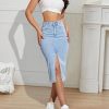 41uMmPxU5AL.jpg High Waisted Front Split Midi Denim Skirt Casual Stretch Knee Length A line Jean Skirt for Women
