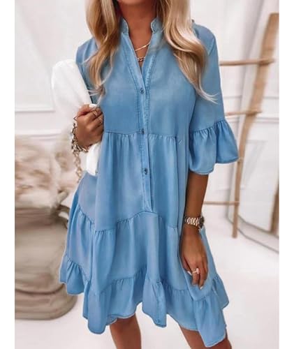 41uUwDIHaJL.jpg Women's Button Down Denim Dress Casual V Neck Ruffle Short Sleeve A Line Swing Babydoll Denim Shirt Tunic Dress