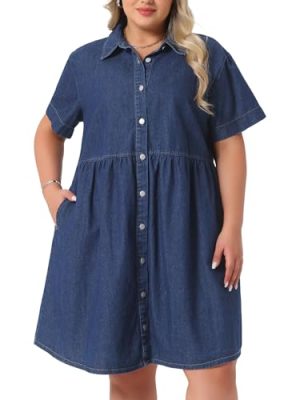 Denim Dress for Women Plus Size Button Down Babydoll Sundress Jean Dress with Pockets 2025 Vacation