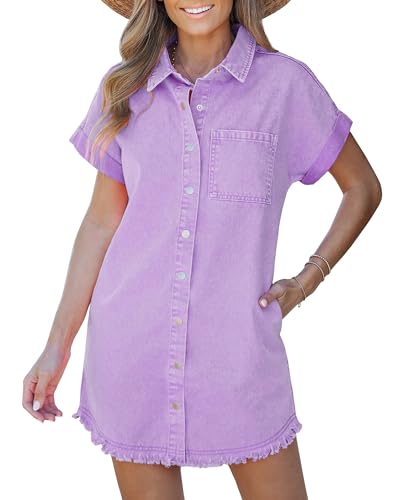 Denim Dress for Women Button Down Short Sleeves Casual Summer Jean Shirt Dresses with Pockets Frayed Hem