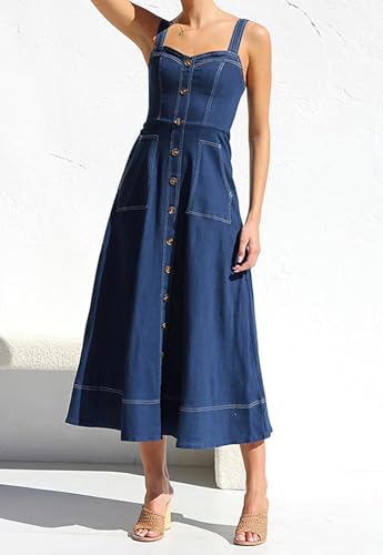41ukD4kqkHL.jpg Women's Summer Adjustable Strap Sleeveless Midi Denim Dress Button Down A-Line Swing Flowy Jean Dress