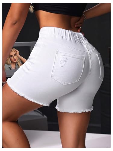 41uz7dXGZ4L.jpg Women's Ripped Jeans Drawstring Elastic Waist Skinny Denim Shorts Summer Short Pants