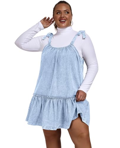 41vEmdha8qL.jpg Women Denim Cami Dress Tie Shoulder Ruffle Hem Short Dresses Babydoll Wash Jean Sundress with Pocket