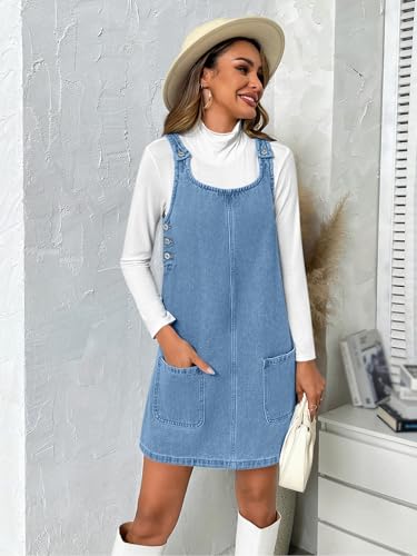 41vNabV7fLL.jpg Women's Sleeveless Casual Denim Dress Crewneck Vintage Loose Jean Overall Dress with Pockets