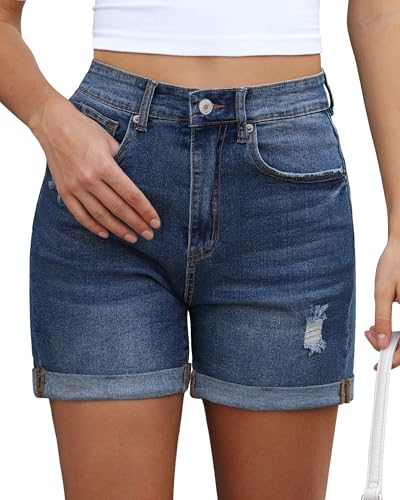 41vQ9nzRgHL.jpg Jean Shorts for Women Trendy High Waisted Distressed Ripped Stretchy Denim Shorts Fold Hem Summer Casual Jorts
