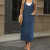 41vRoDrIG5L.jpg Women's V Neck Sleeveless Denim Overall Dress Adjustable Strap Vintage Back Slit Midi Jean Dress with Pockets