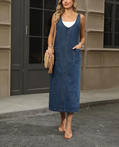 41vRoDrIG5L.jpg Women's V Neck Sleeveless Denim Overall Dress Adjustable Strap Vintage Back Slit Midi Jean Dress with Pockets