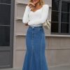 41vpGays0uL.jpg Womens Fishtail Long Jean Skirt High Waisted Casual Stretchy Fit and Flare Midi Denim Skirts