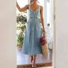 41vrXyzsijL.jpg Women's Summer Casual Button Down Denim Dress Sleeveless Slim Fit Midi A-Line Jean Dress