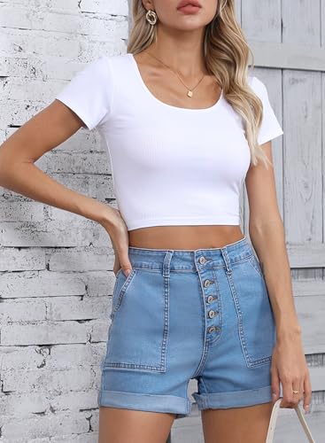 Womens Jean Shorts High Waisted Stretchy Buttoned Folded Hem Zimbaplatinum Denim Shorts