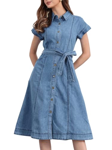 41wBjFK59uL.jpg Denim Shirt Dress for Women's Casual Button Down Short Sleeves Belted Jean Midi Dress 2025 Trendy Outfits