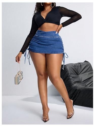 41wrfTzy8L.jpg Women's Plus Size Cross Wrap Waist Denim Skirt Drawstring Side Mini Skirt