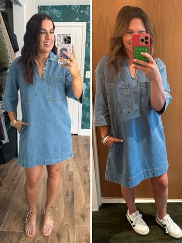 41x4gHELgxL.jpg Womens Denim Shirt Dress Summer Collared V Neck Mini Casual Jean Dresses with Pockets