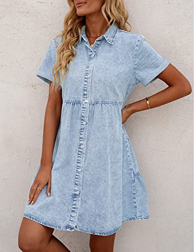 41x8qs872CL.jpg Denim Dress for Women Babydoll Tiered Short Sleeve Button Down Jean Shirt Dresses
