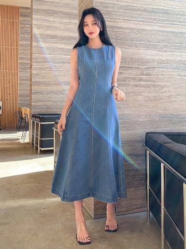 41xYVGIUR5L.jpg Women's Summer Casual Sleeveless Dresses Sleeveless Denim Dress With Rounded Neckline