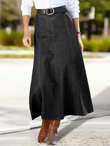 41xhtpVyECL.jpg A-Line High Rise Vintage Wash Stitch Detail Long Denim Skirt Without Belt