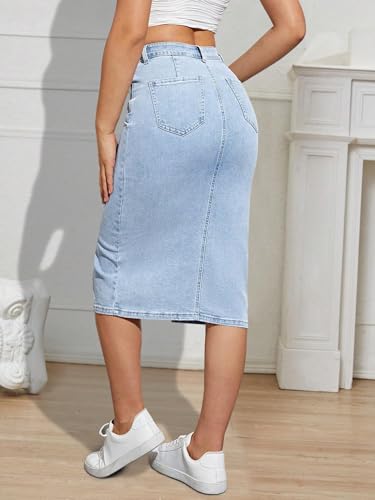 41xxQBjGz1L.jpg High Waisted Front Split Midi Denim Skirt Casual Stretch Knee Length A line Jean Skirt for Women