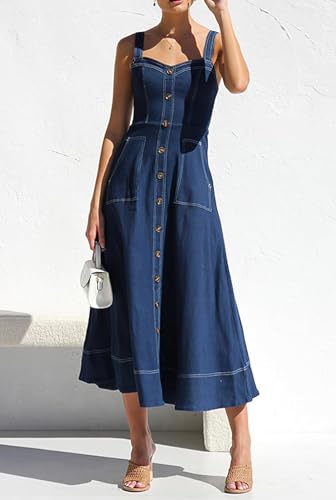 41y97bDrirL.jpg Women's Summer Adjustable Strap Sleeveless Midi Denim Dress Button Down A-Line Swing Flowy Jean Dress