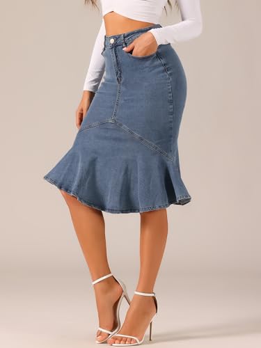 41yHS-KGL.jpg Denim Jean Skirt for Women's High Waist Bodycon Ruffles Fishtail Skirts