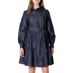 Women's Fit and Flare Denim Chambray Long-Sleeve Tiered Shirtdress