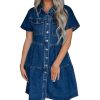 41yPJwMyhzL.jpg Women's Button Down Denim Babydoll Dress Lapel Collar Short Sleeve Flowy Tiered Ruffle Jeans Midi Dress