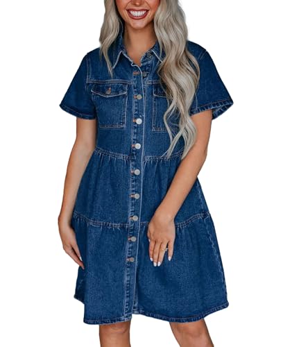 41yPJwMyhzL.jpg Women's Button Down Denim Babydoll Dress Lapel Collar Short Sleeve Flowy Tiered Ruffle Jeans Midi Dress