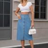 Women's Denim Skirt Button Down Front High Waist Pockets Midi Jean Skirts