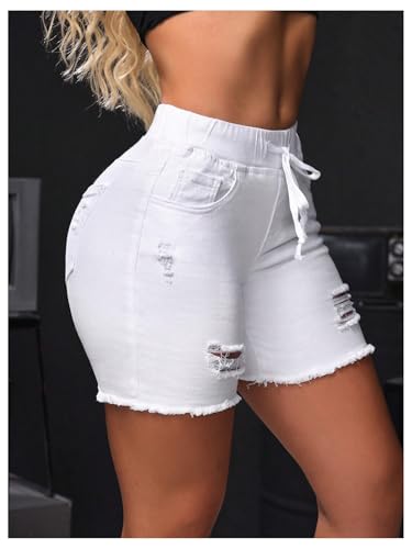 41ytiVdmoJL.jpg Women's Ripped Jeans Drawstring Elastic Waist Skinny Denim Shorts Summer Short Pants
