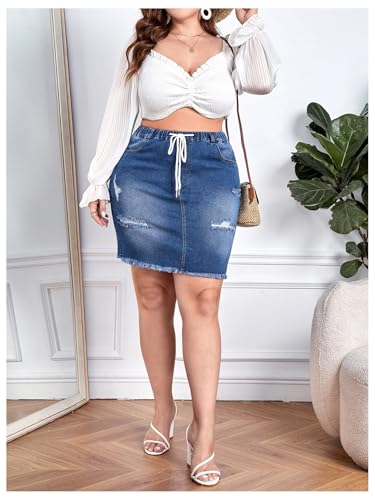 41yvj1s0c3L.jpg Women's Plus Size Denim Skirt High Waisted Elastic Drawstring Waist Raw Hem Ripped Vintage Short Jean Skirt